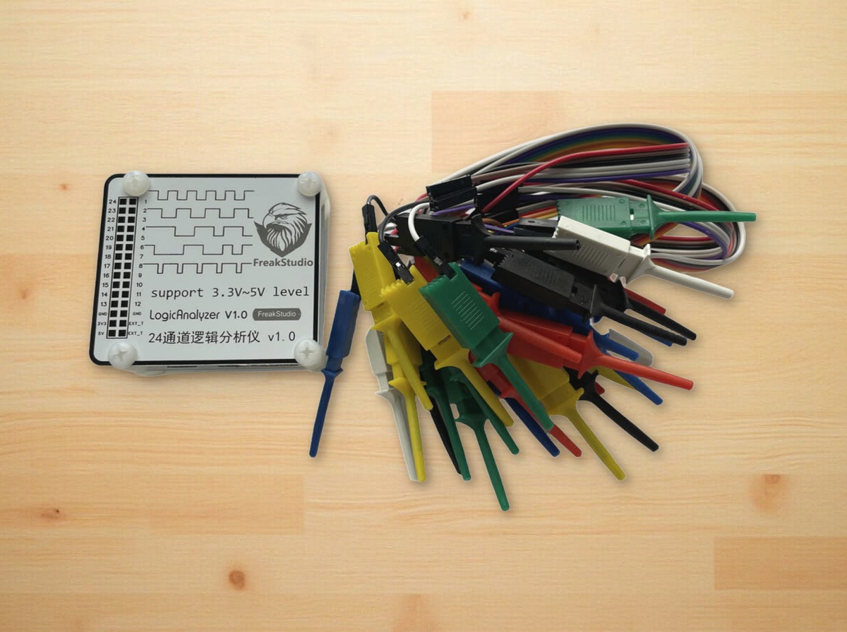 24-channel logic analyzer with coloured test hooks